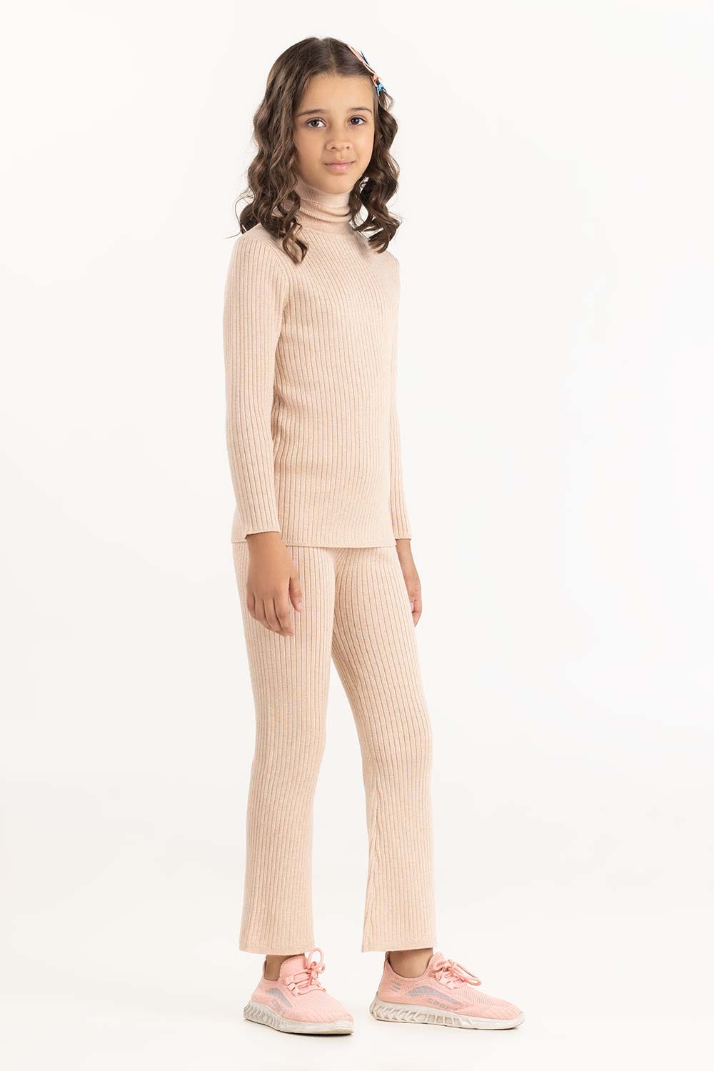 Junior Girl Light Beige Ribbed Knit Trouser 224-416-304