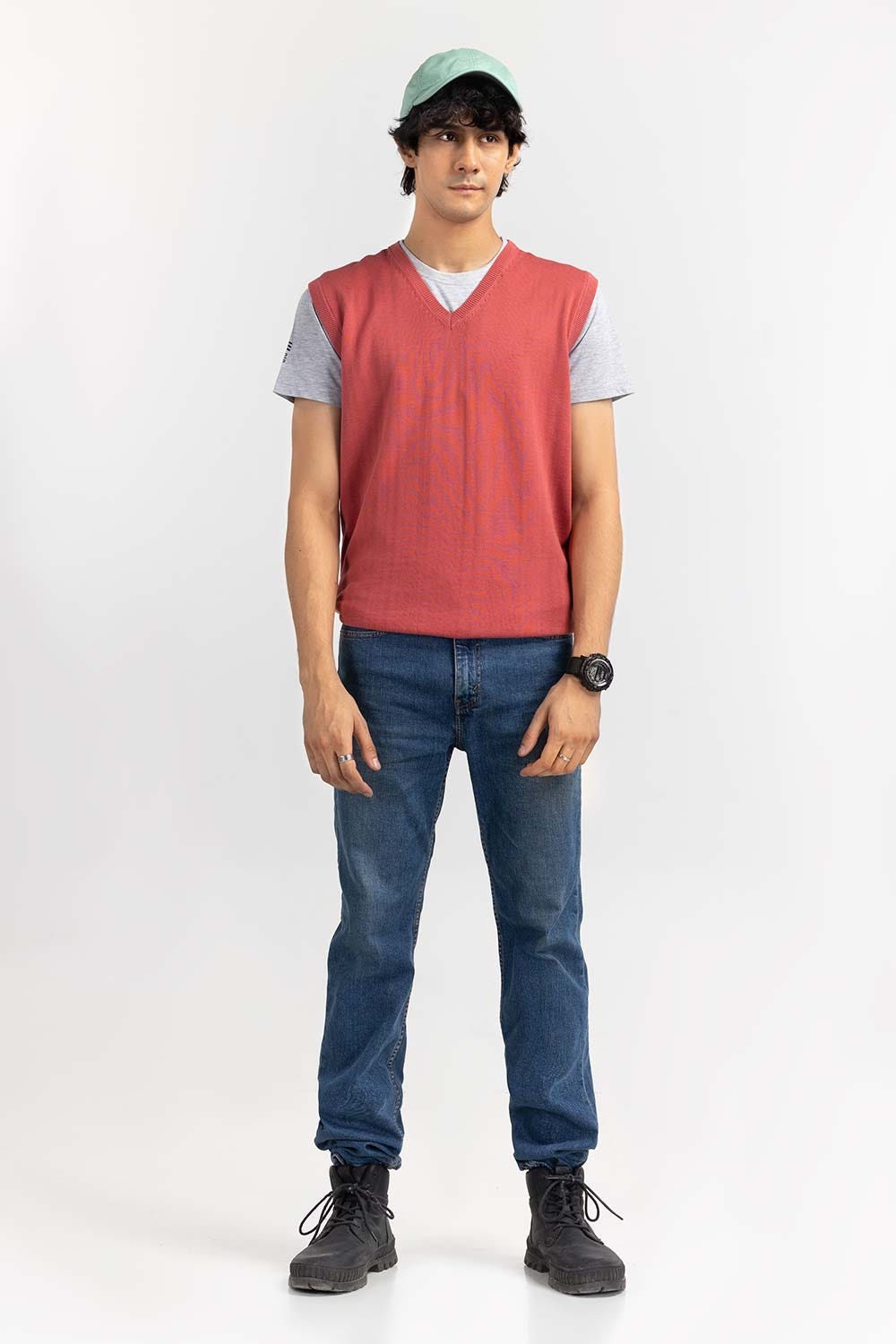 Rose Red Basic V Neck Sleeveless Sweater SWT-BSLVN-22-008