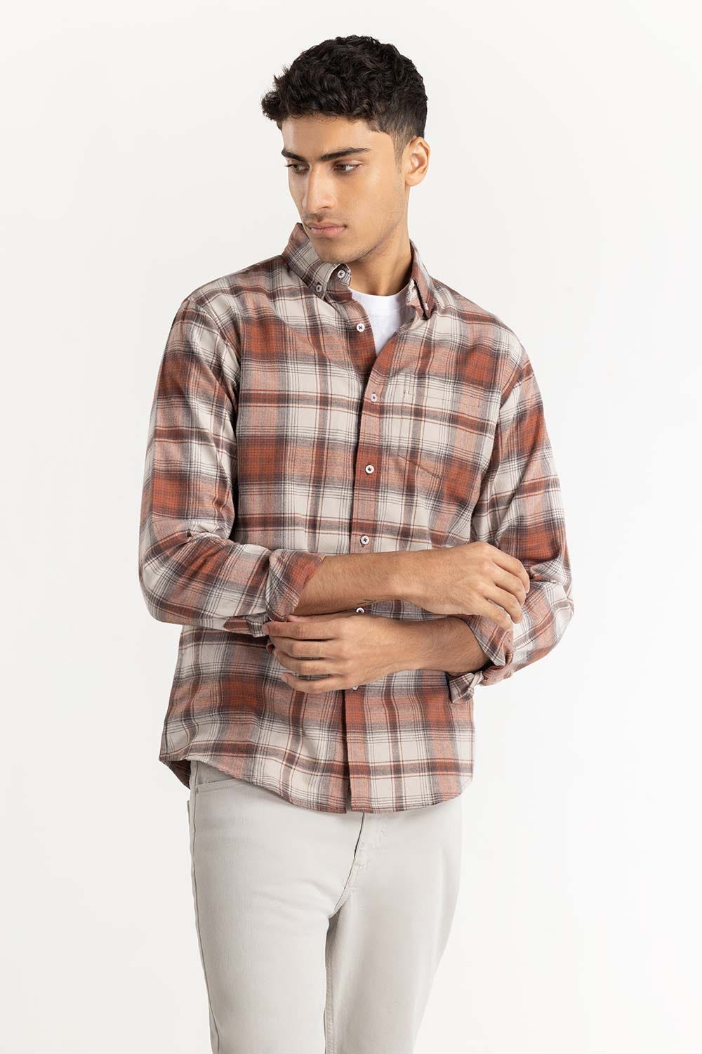 Rust Checkered Button Down Shirt 224-117-024