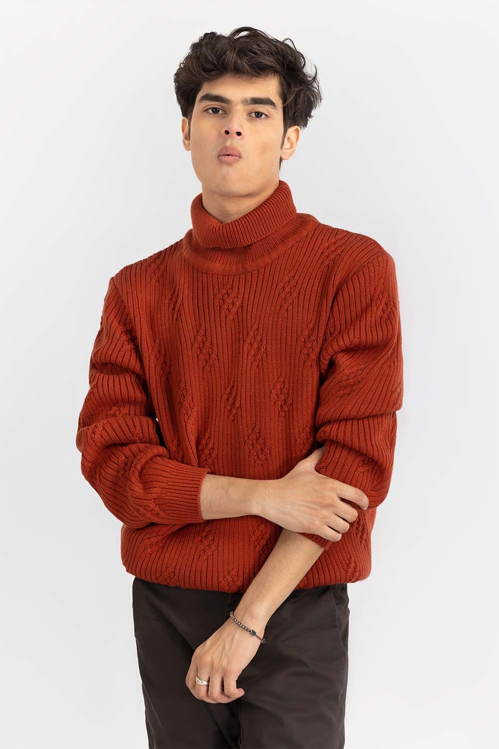 Rust Textured Turtle Neck Sweater SWT-FFSTN22-226