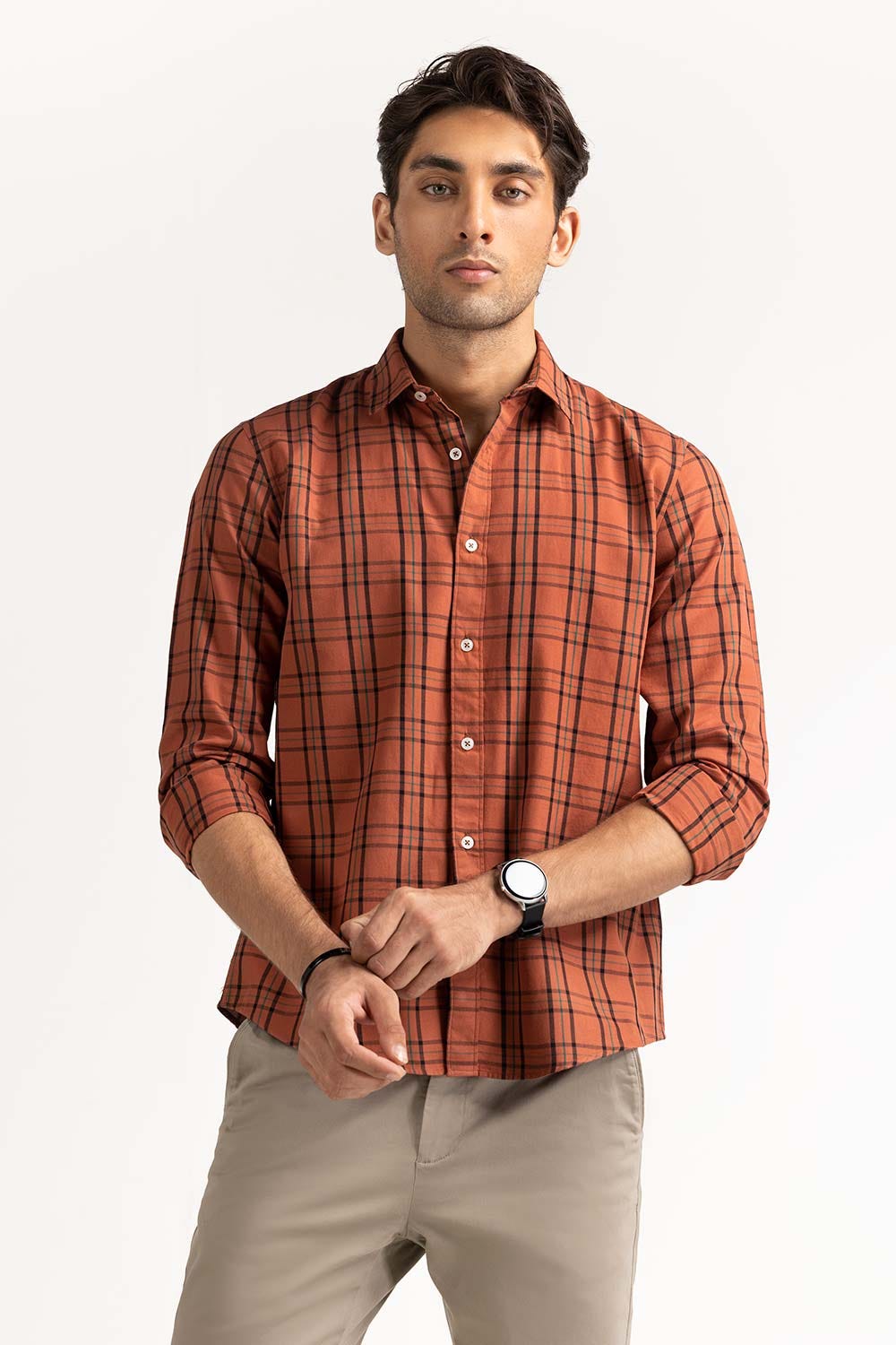 Rust Yarn Dyed Checkered Casual Shirt MN-CS-YD23-019