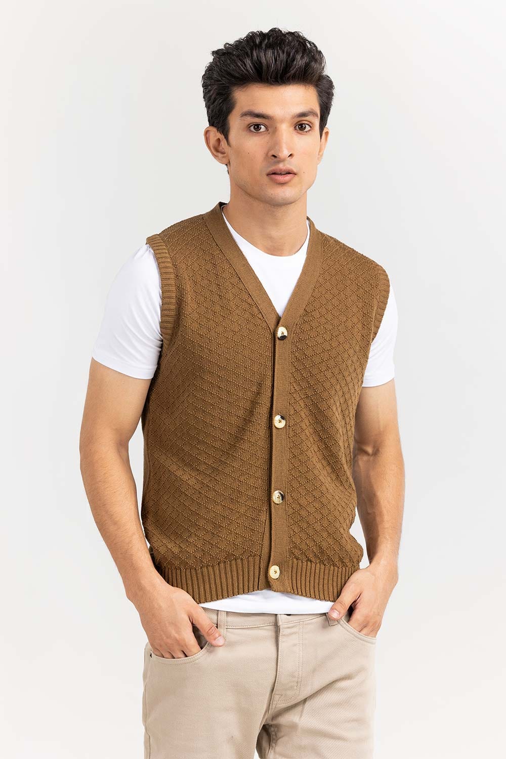 SANDY Textured Sleeveless Cardigan SWT-FSLCD22-204