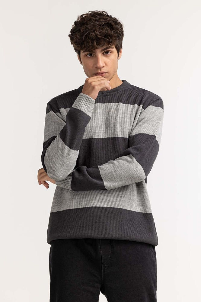 Silver Grey striped Basic Sweater MN-SWT-WS23-026