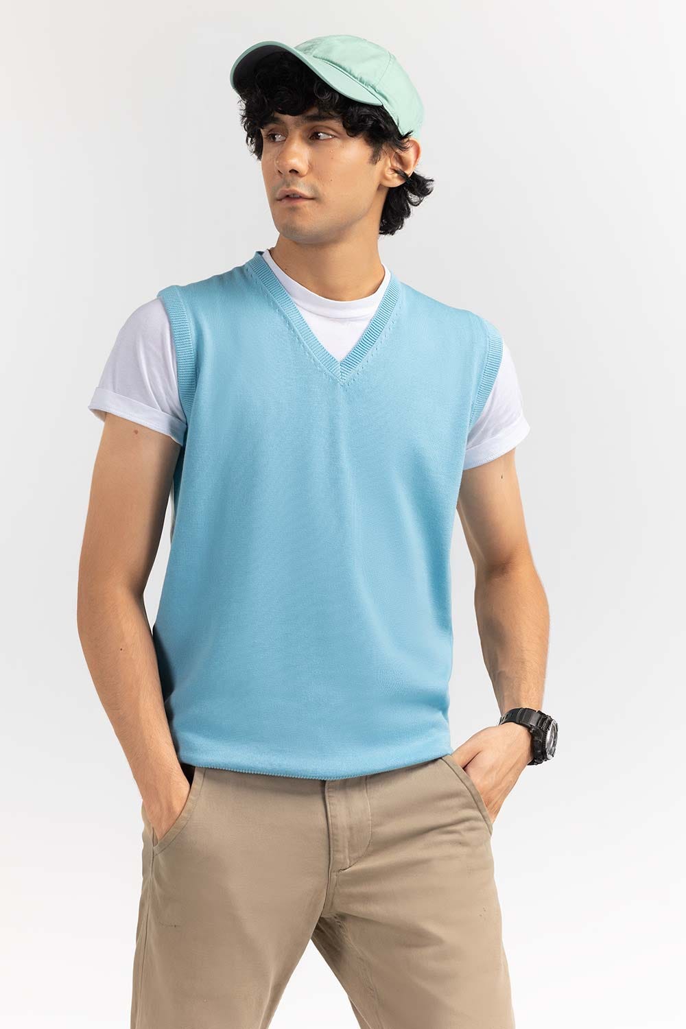 Sky Blue Basic V Neck Sleeveless Sweater SWT-BSLVN-22-012