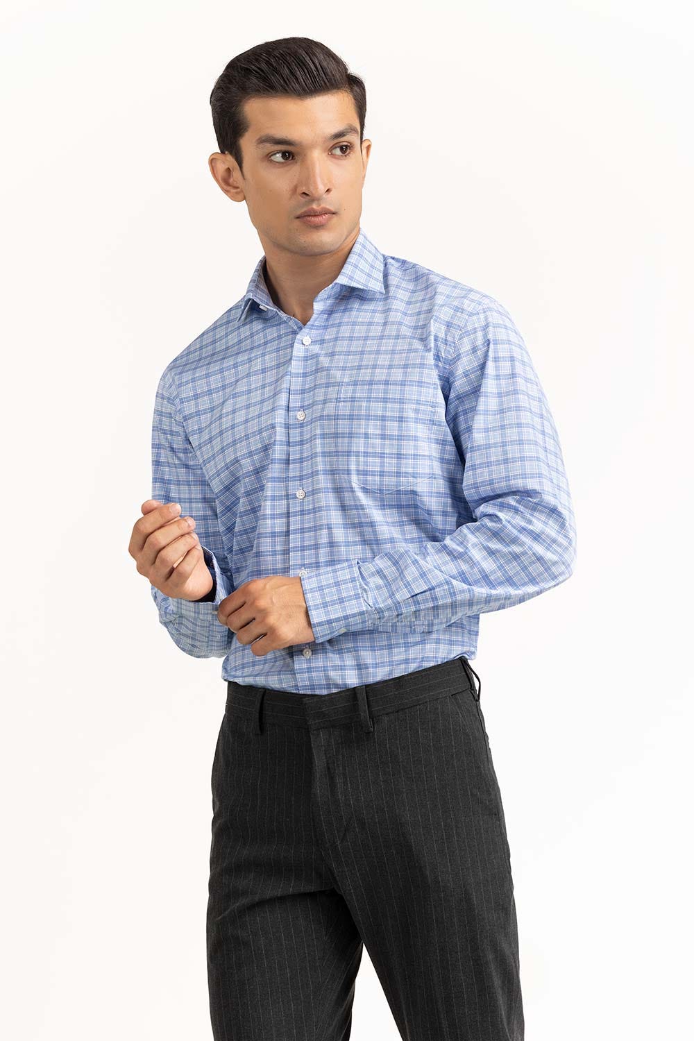 Sky Blue Checkered Yarn Dyed Formal Shirt FS-YD23-008