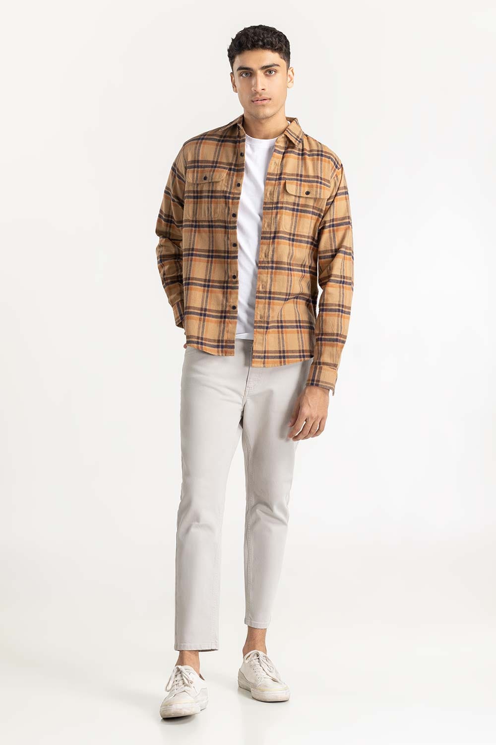 Tan Checkered Button-Down Shirt 224-117-020