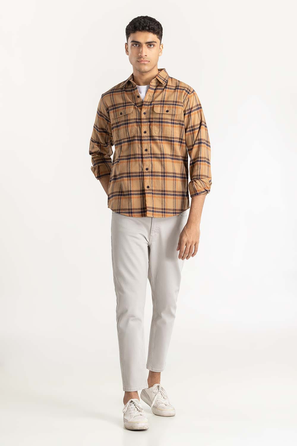 Tan Checkered Button-Down Shirt 224-117-020