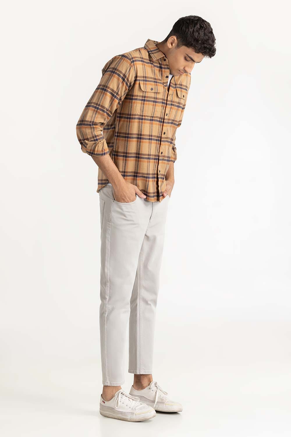 Tan Checkered Button-Down Shirt 224-117-020