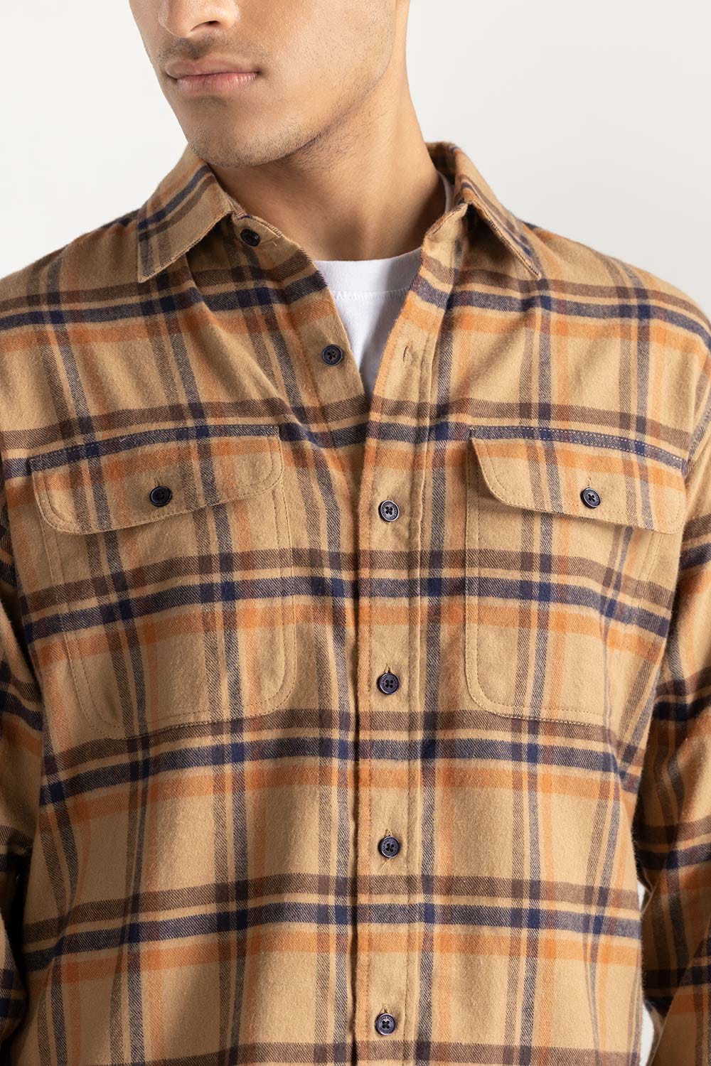 Tan Checkered Button-Down Shirt 224-117-020
