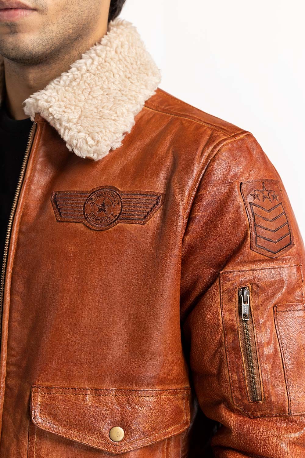 Tan Leather Pilot Jacket With Sherpa Lining JKT-LTH22-001