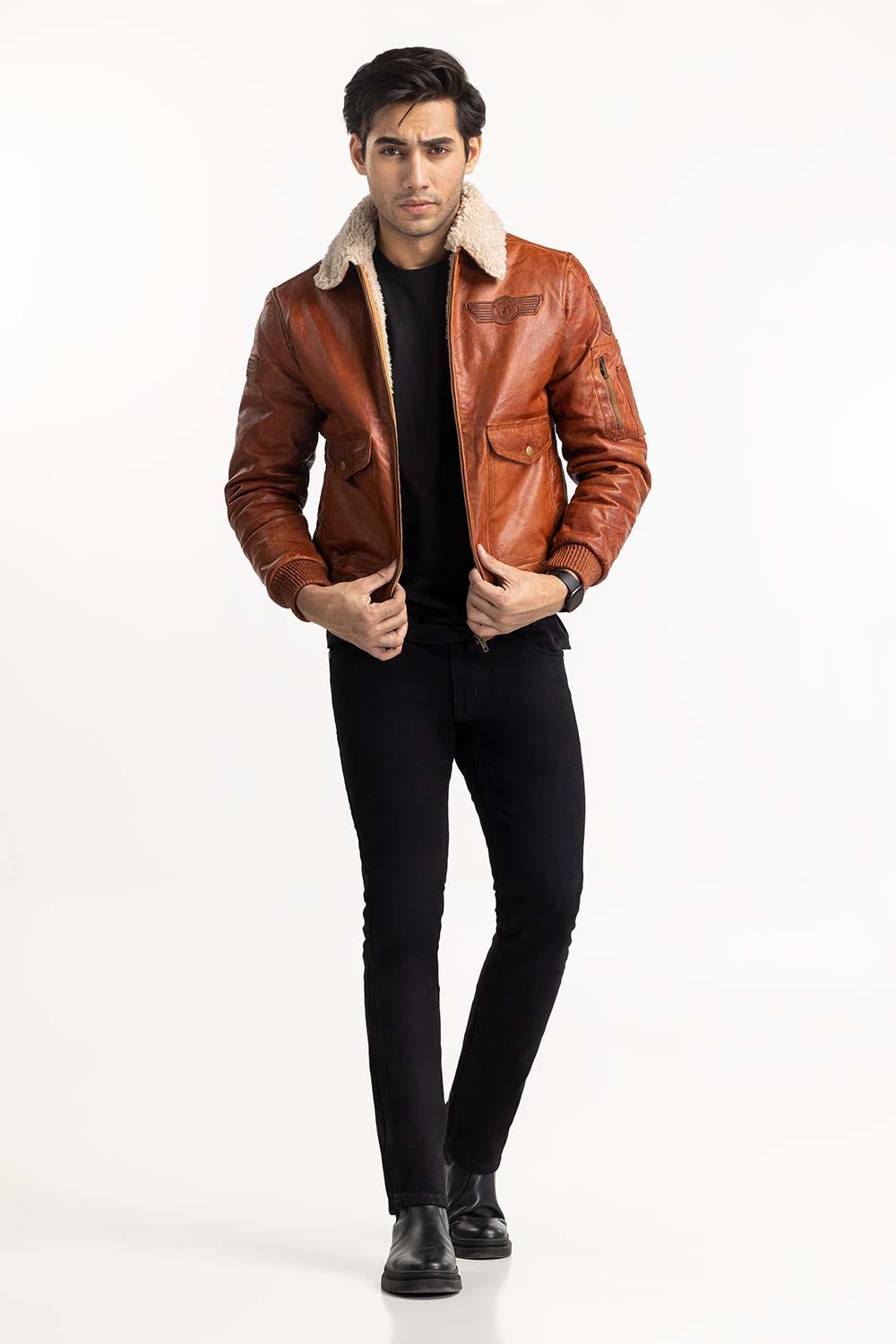 Tan Leather Pilot Jacket With Sherpa Lining JKT-LTH22-001