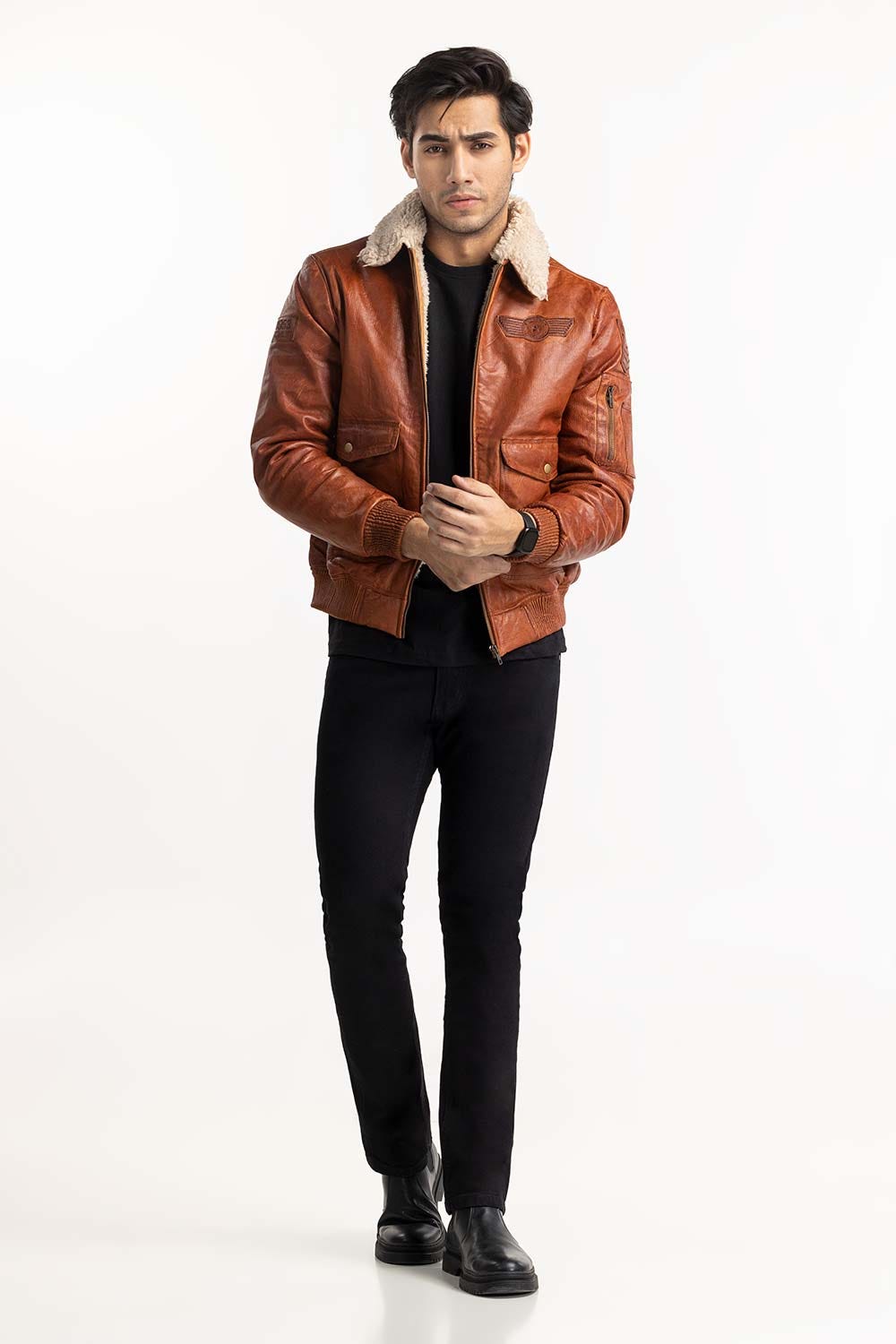 Tan Leather Pilot Jacket With Sherpa Lining JKT-LTH22-001