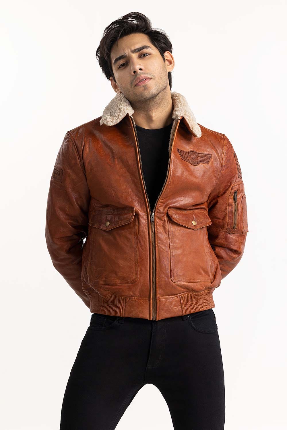 Tan Leather Pilot Jacket With Sherpa Lining JKT-LTH22-001