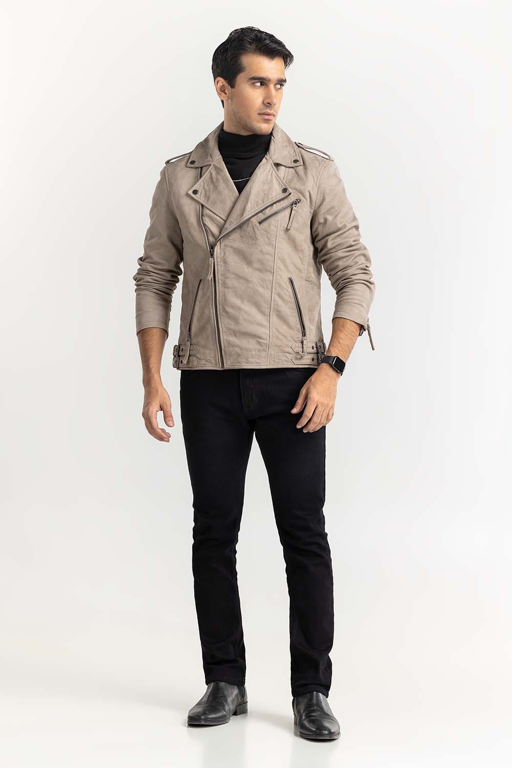Taupe Suede Leather Biker Jacket JKT-LTH22-038