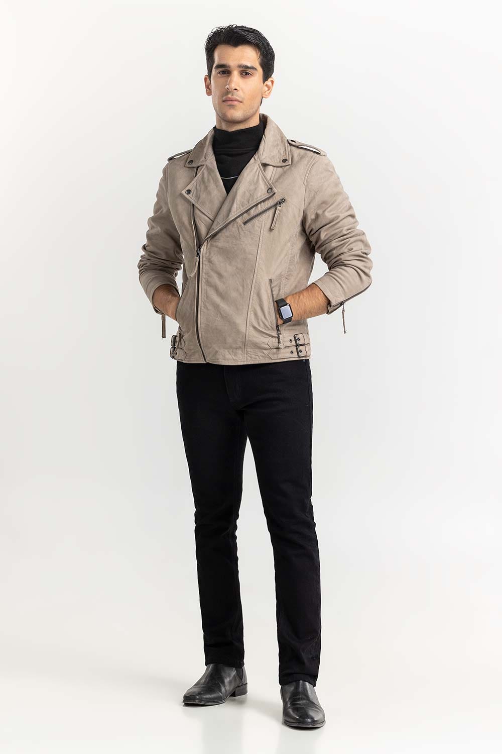Taupe Suede Leather Biker Jacket JKT-LTH22-038