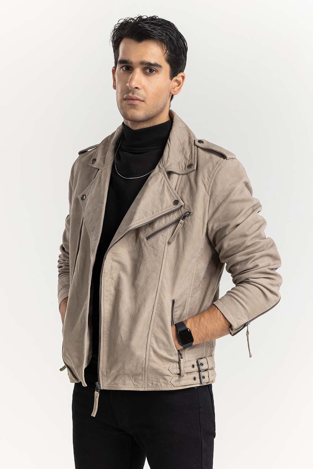 Taupe Suede Leather Biker Jacket JKT-LTH22-038