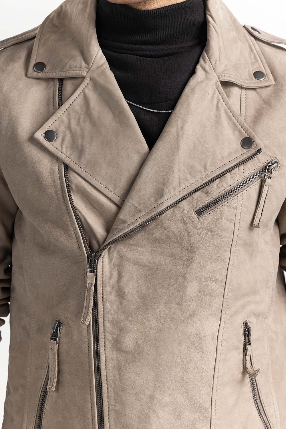 Taupe Suede Leather Biker Jacket JKT-LTH22-038