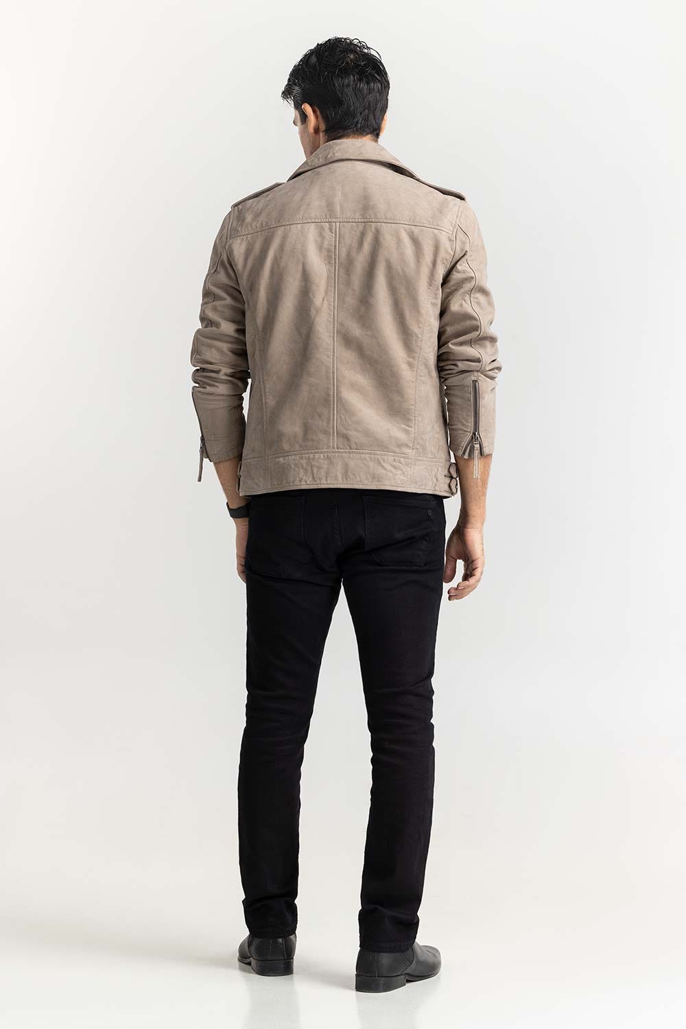 Taupe Suede Leather Biker Jacket JKT-LTH22-038