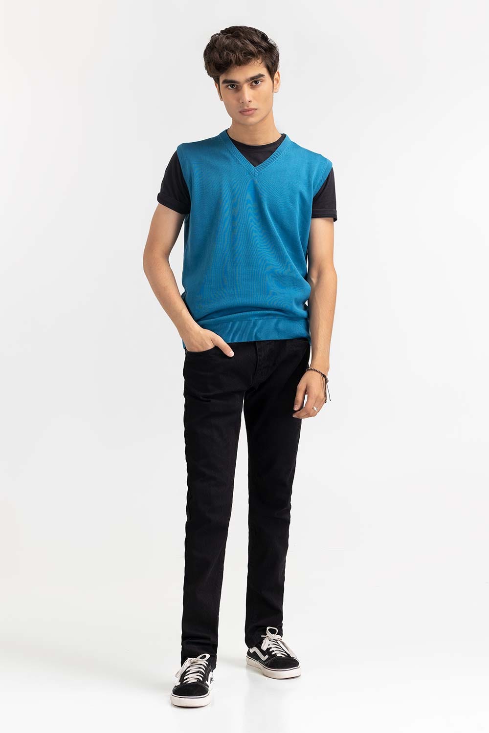 Teal Basic V Neck Sleeveless Sweater SWT-BSLVN-22-010