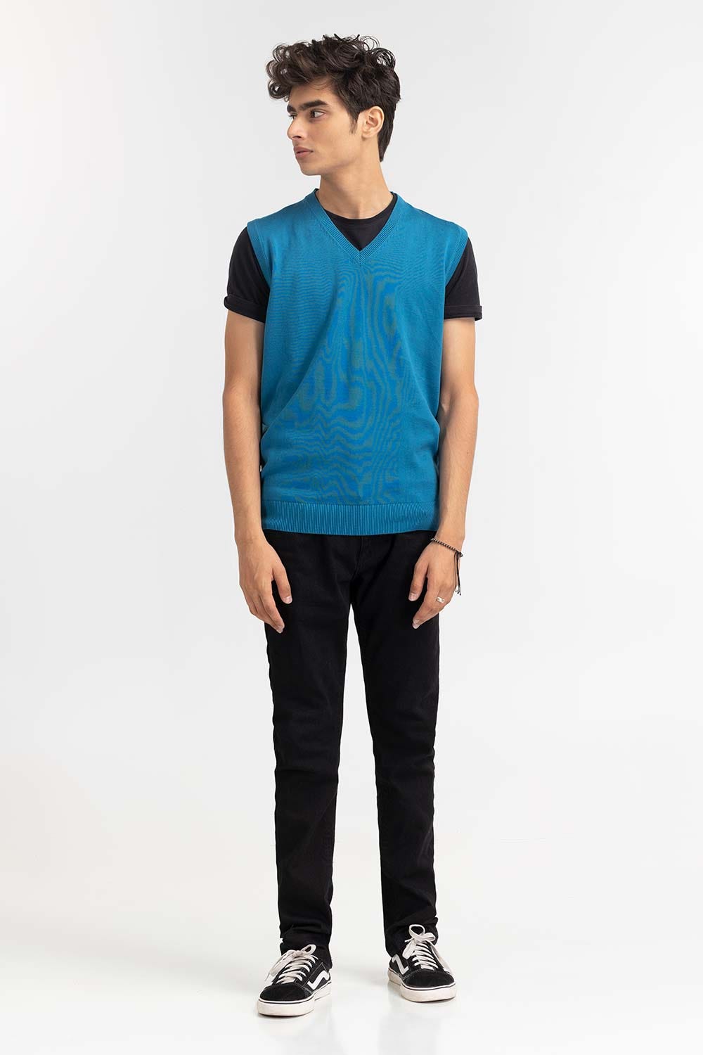 Teal Basic V Neck Sleeveless Sweater SWT-BSLVN-22-010