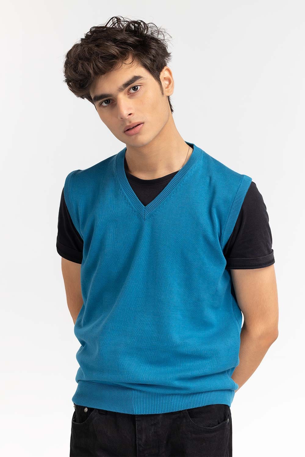 Teal Basic V Neck Sleeveless Sweater SWT-BSLVN-22-010