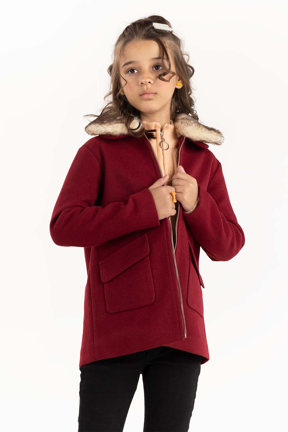 Toddler Girl Dark Red Long Coat 224-410-004