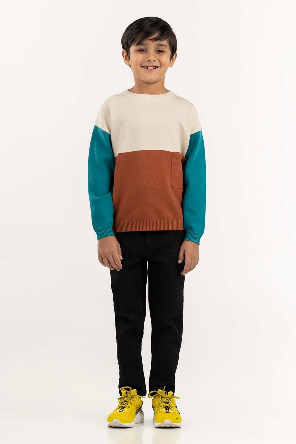 Toddler Boy White And Green Color Block Knit Sweater 224-511-040