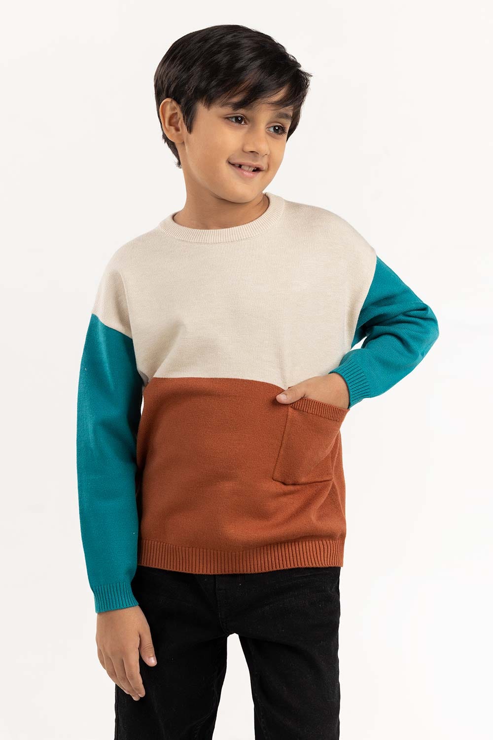 Toddler Boy White And Green Color Block Knit Sweater 224-511-040