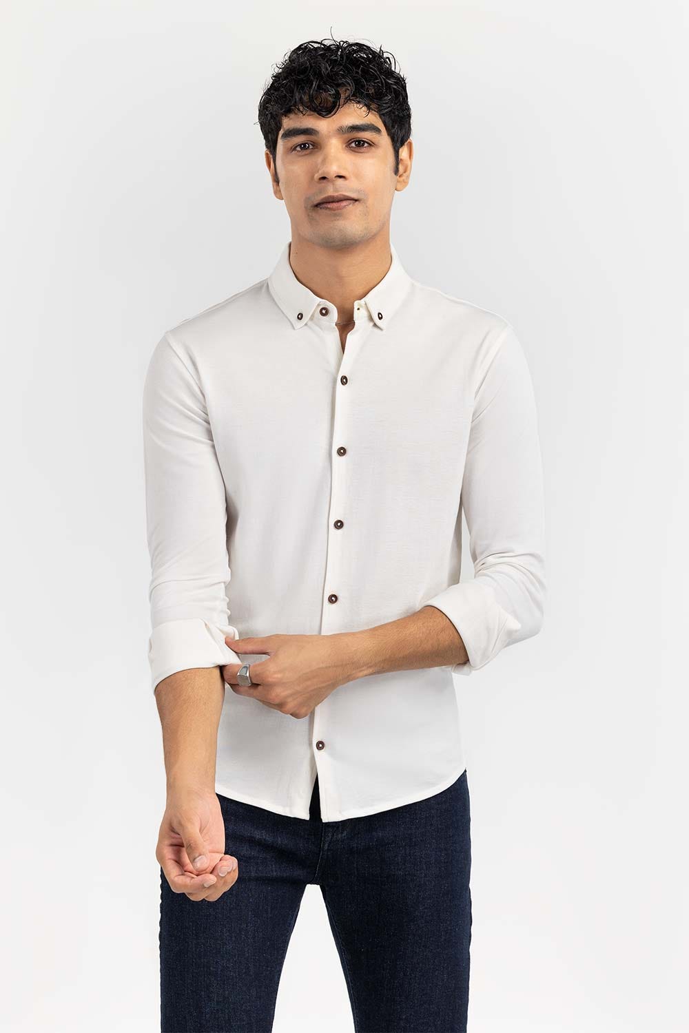 White Basic Knitted Casual Shirt FS-CS-KNIT-D19