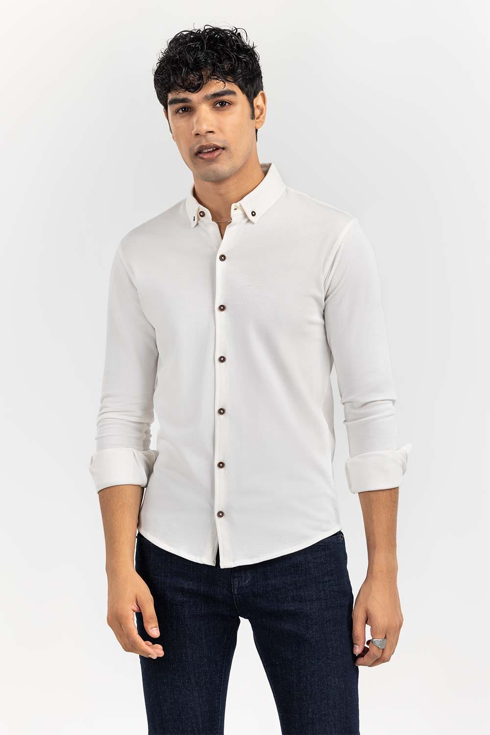 White Basic Knitted Casual Shirt FS-CS-KNIT-D19