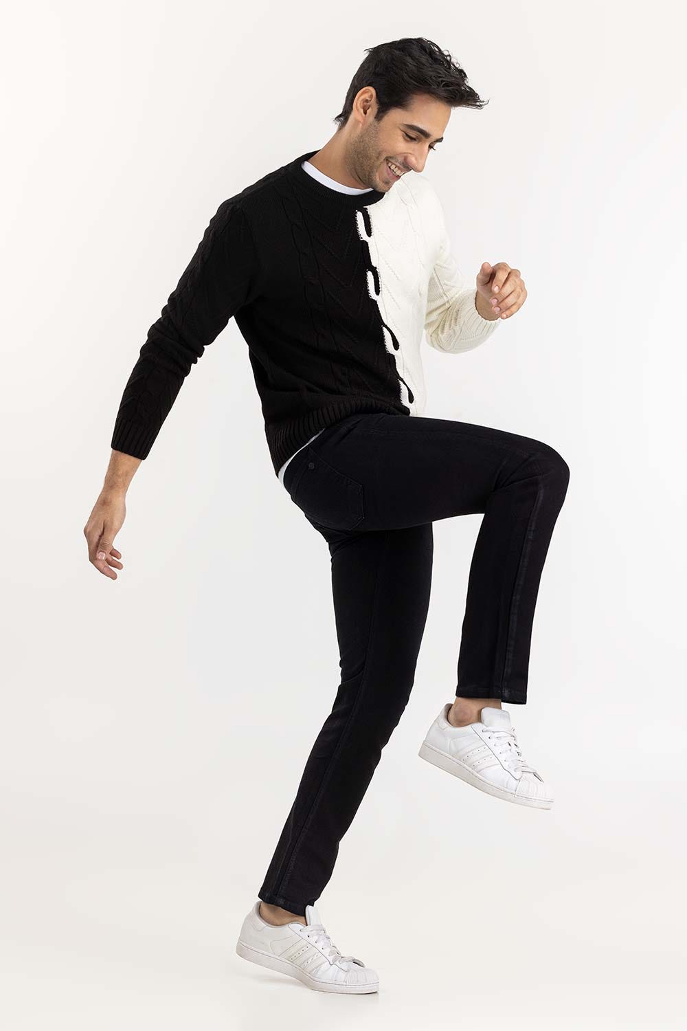 White Black Color Block Cabling Sweater SWT-FFSCN22-112