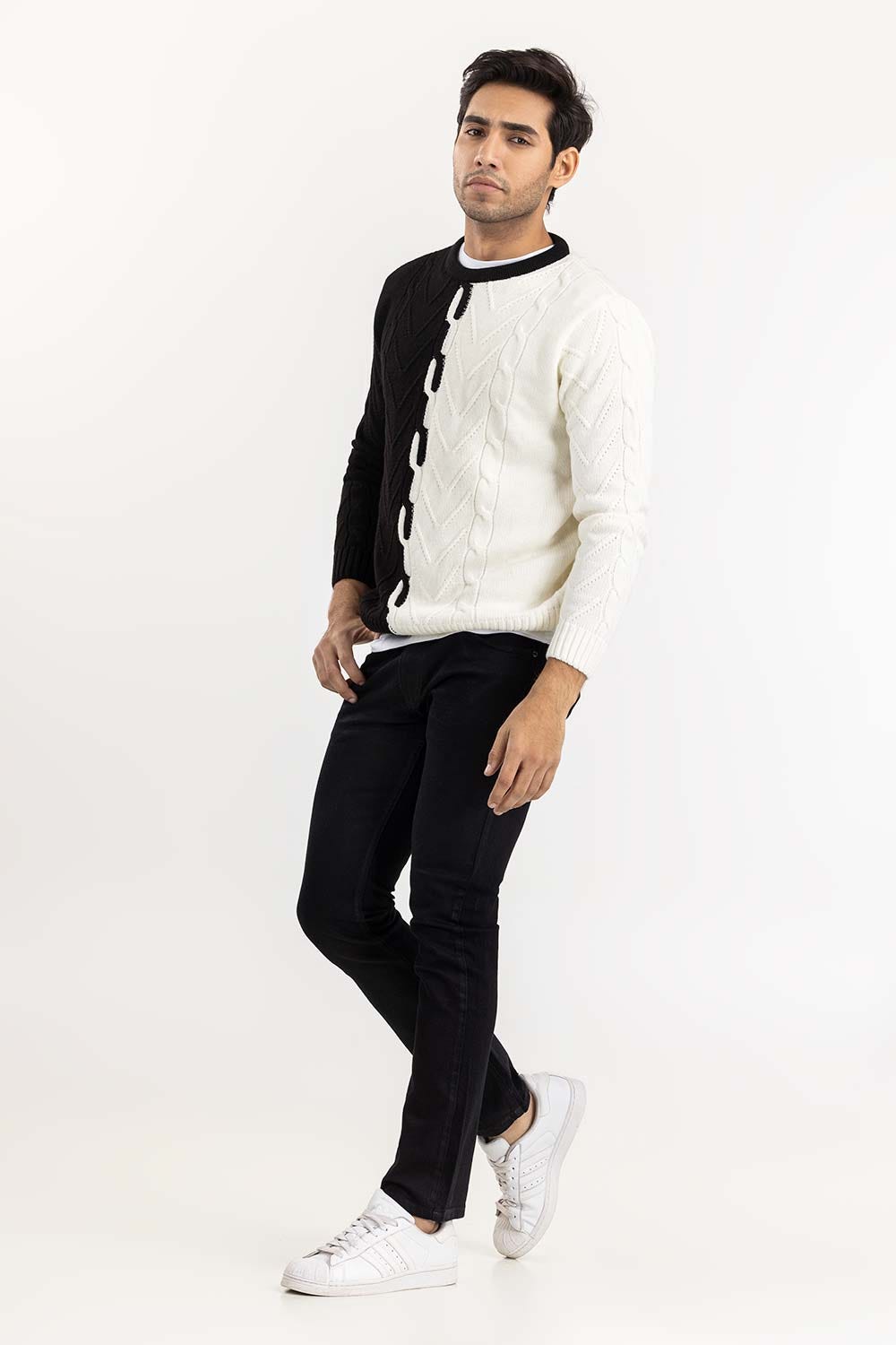 White Black Color Block Cabling Sweater SWT-FFSCN22-112
