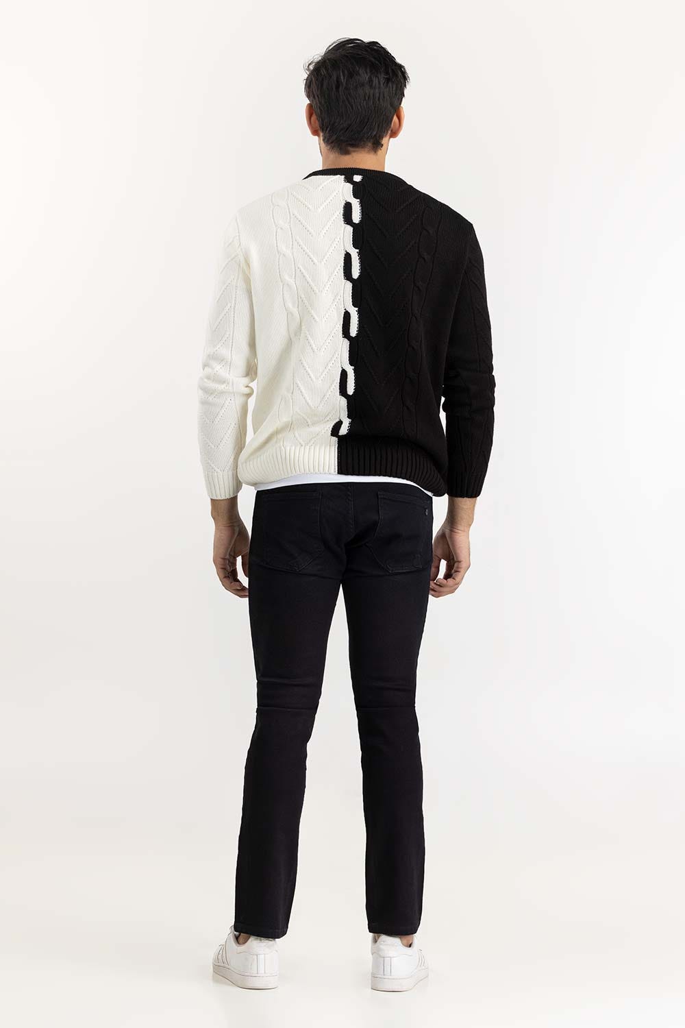 White Black Color Block Cabling Sweater SWT-FFSCN22-112