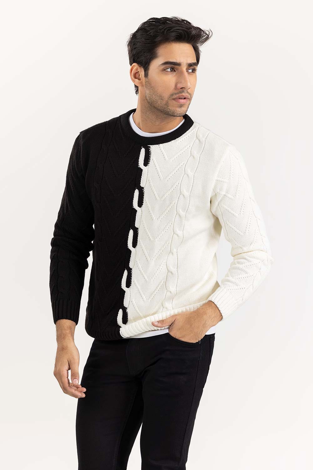 White Black Color Block Cabling Sweater SWT-FFSCN22-112