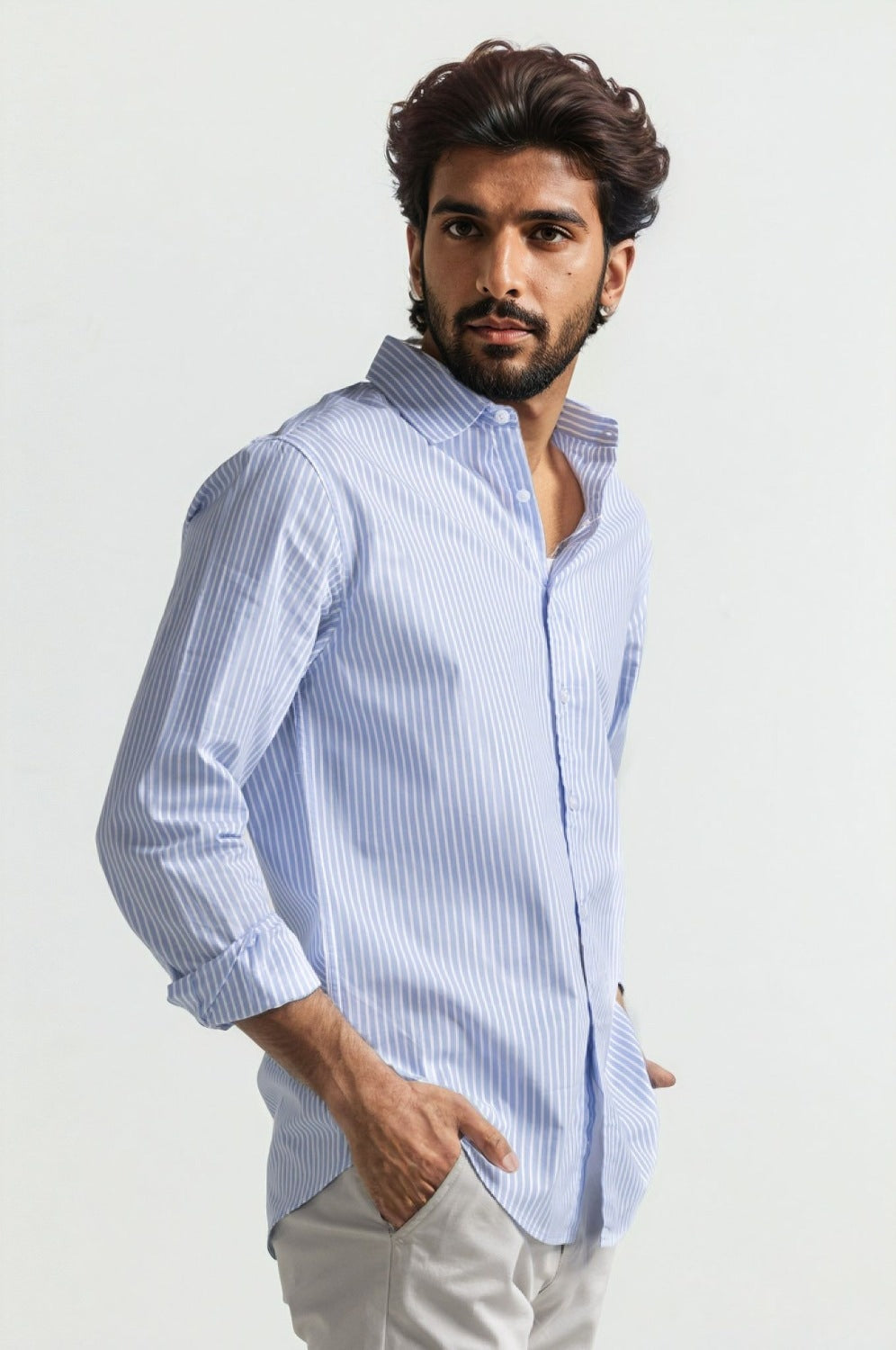 White Blue Striped Casual Shirt MN-CS-SS24-040