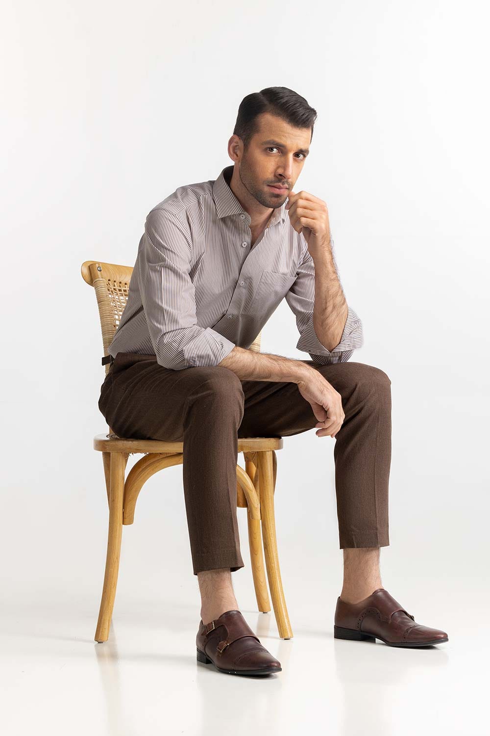 White Brown Stripe Formal Shirt MN-FS-PD24-088