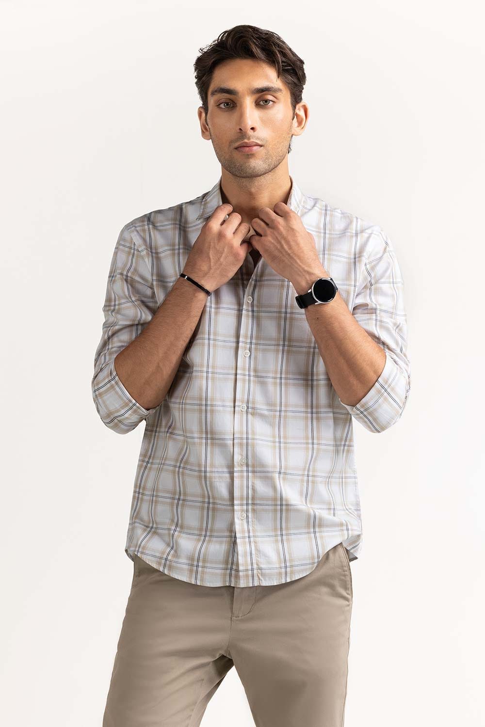 White Brown Yarn Dyed Checkered Casual Shirt MN-CS-YD23-002