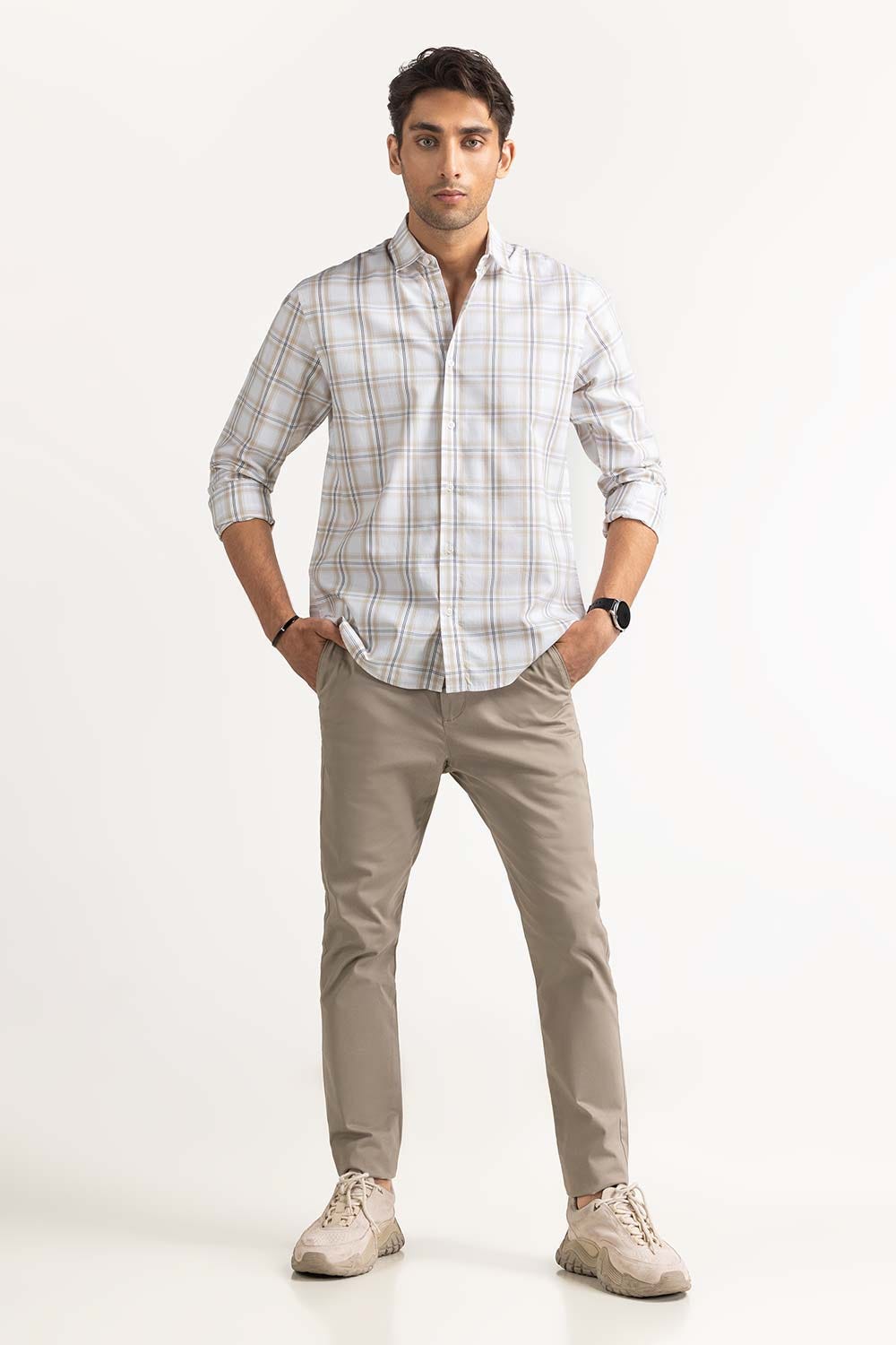White Brown Yarn Dyed Checkered Casual Shirt MN-CS-YD23-002