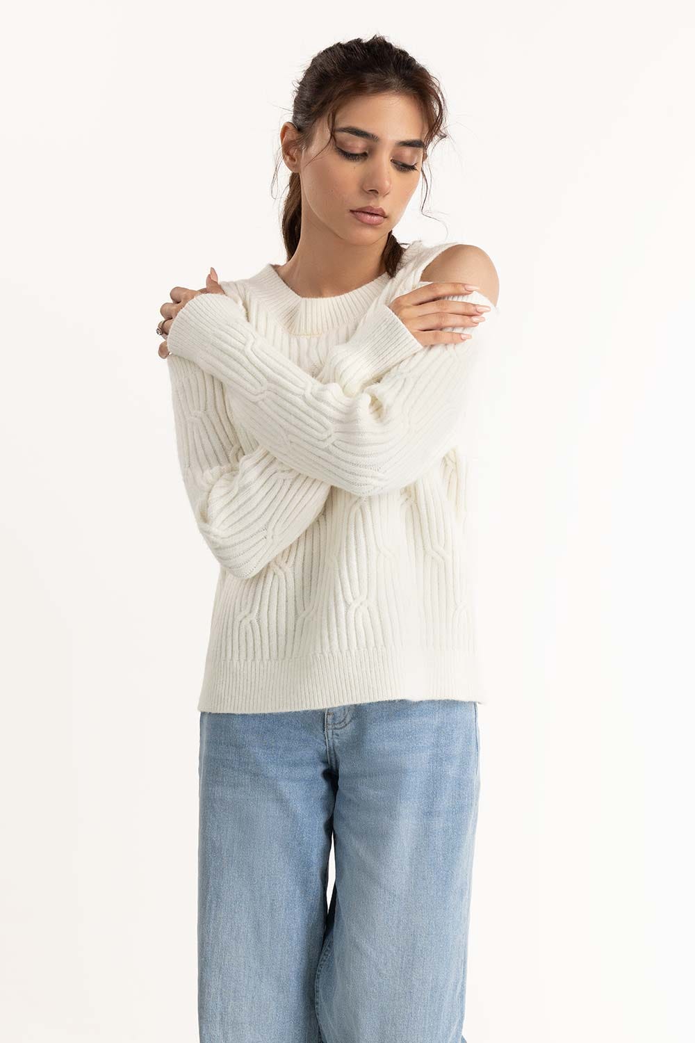 White Cold Shoulder Knit Sweater 224-211-048