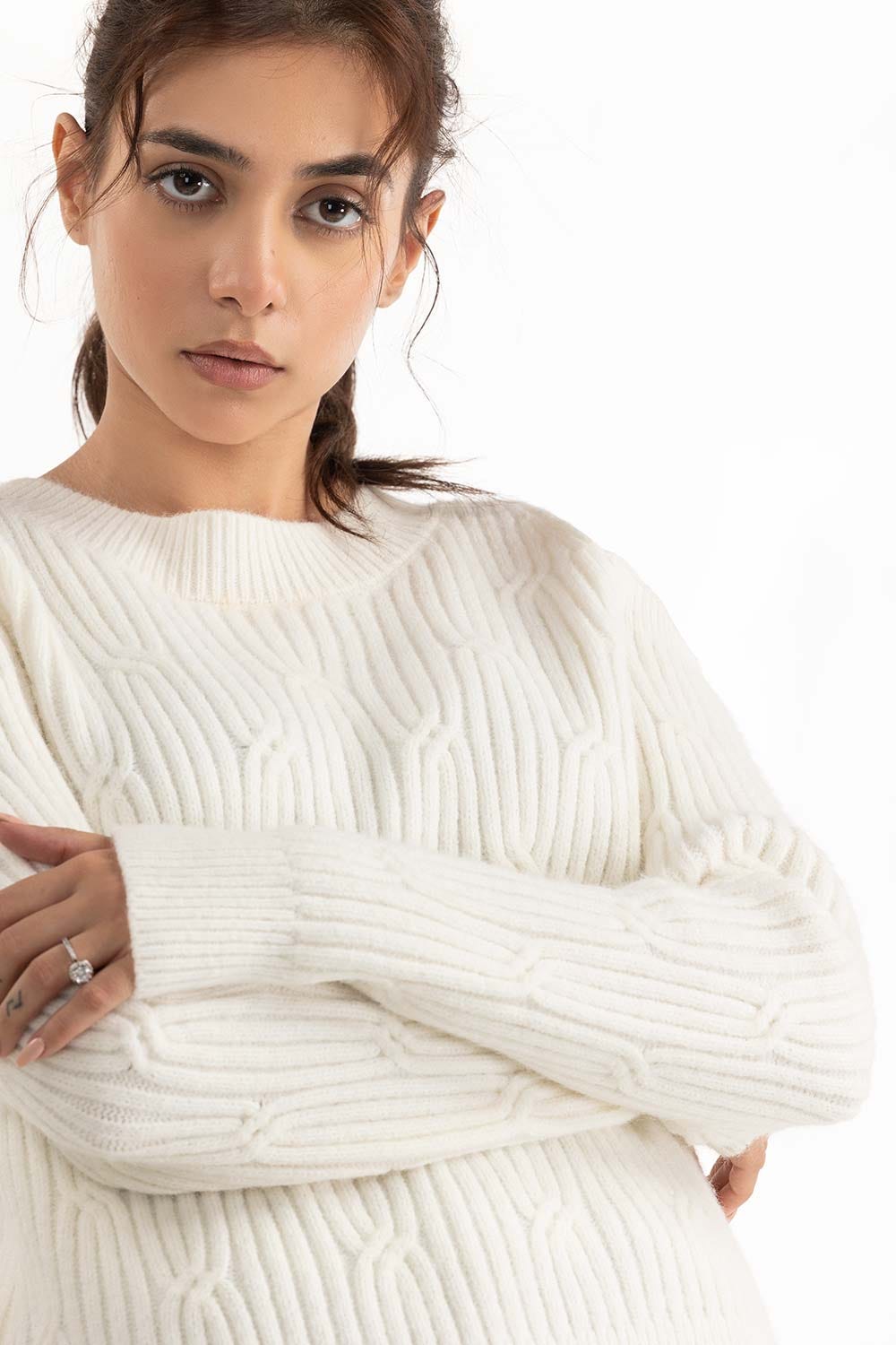 White Cold Shoulder Knit Sweater 224-211-048