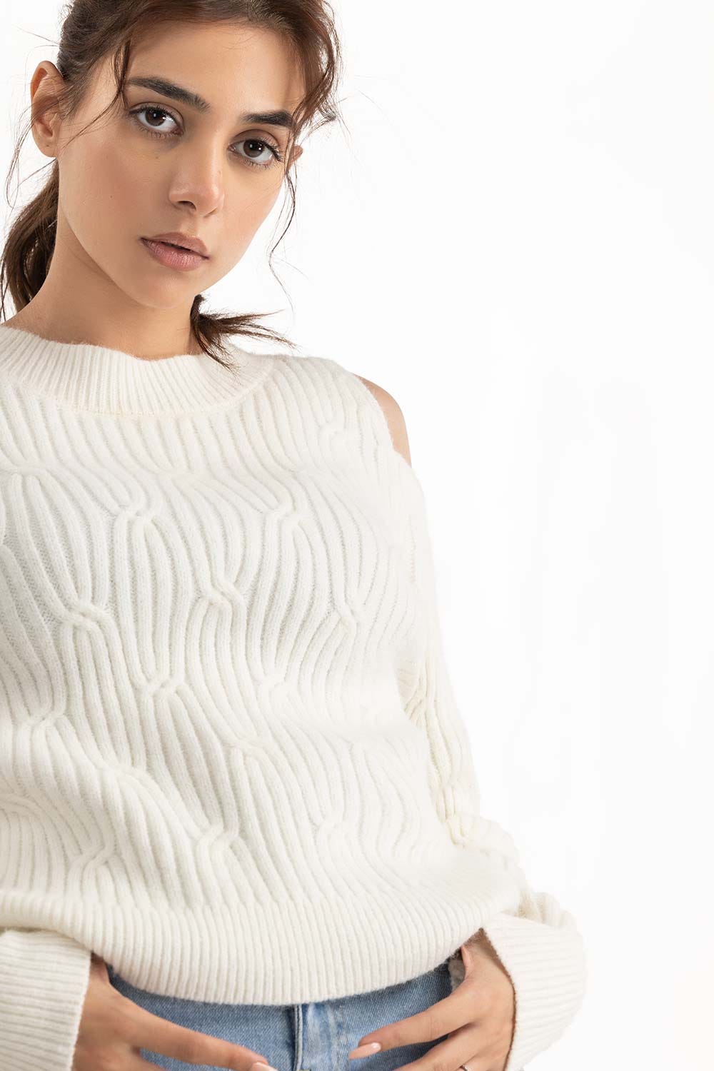 White Cold Shoulder Knit Sweater 224-211-048