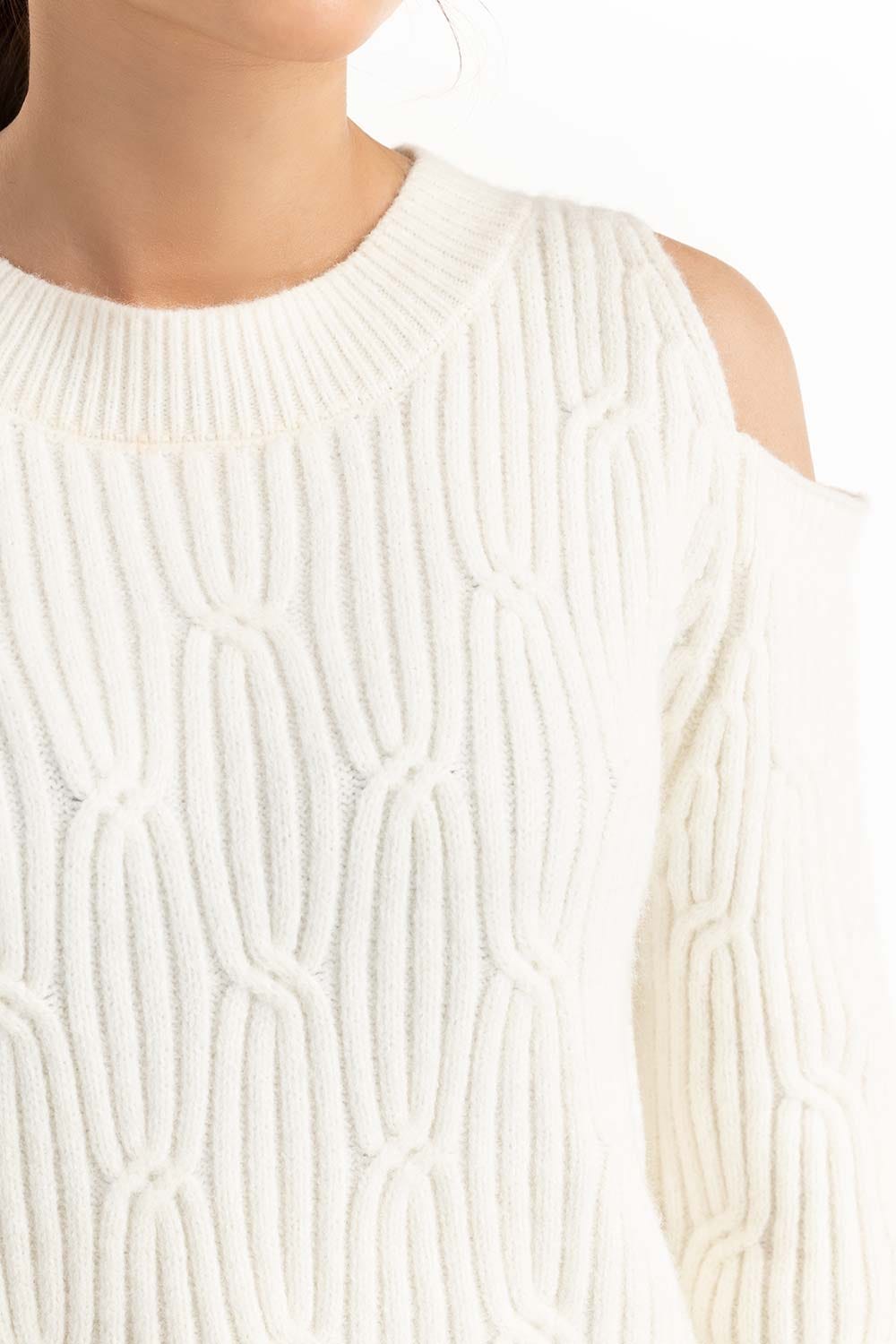 White Cold Shoulder Knit Sweater 224-211-048