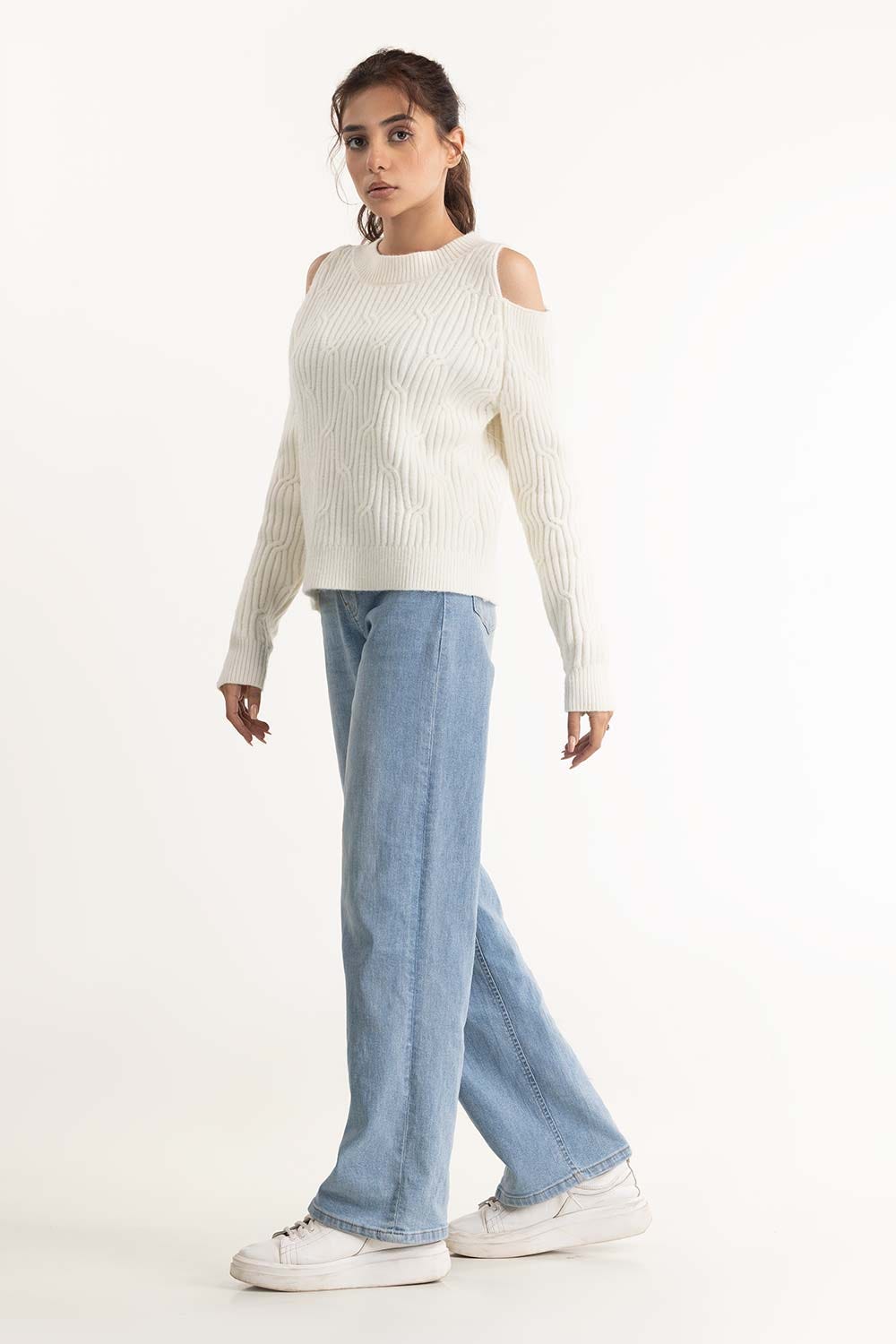 White Cold Shoulder Knit Sweater 224-211-048