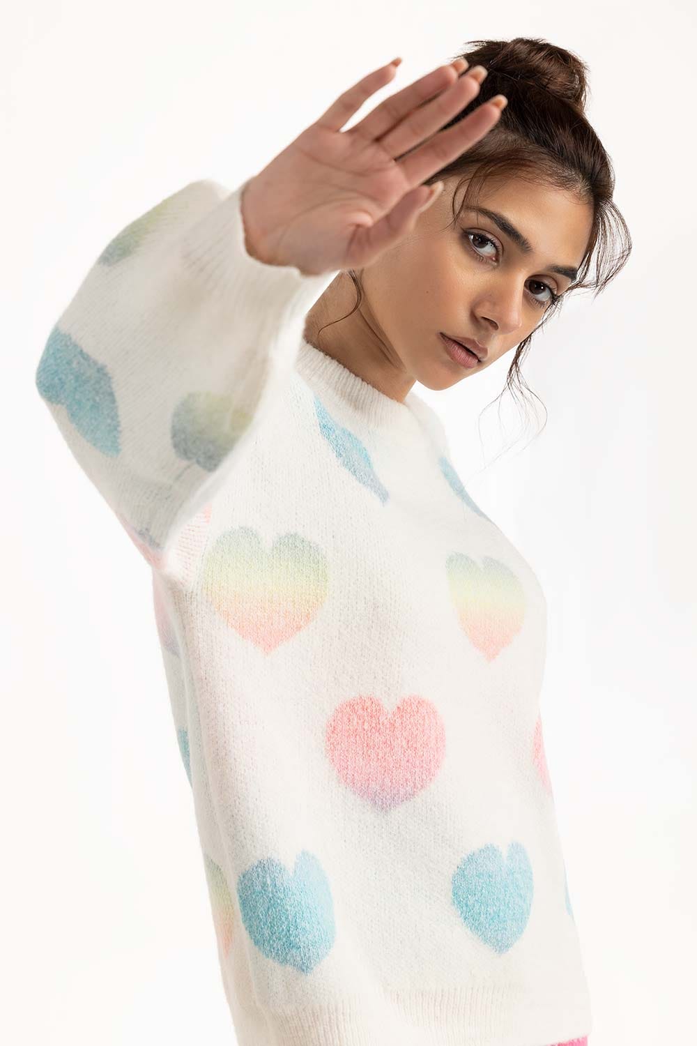 White Heart Knit Sweater 224-211-041