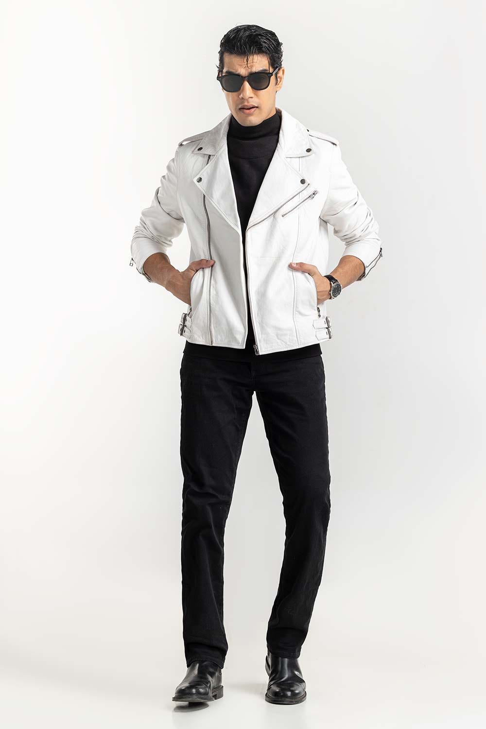 White Leather Biker Jacket JKT-LTH22-037