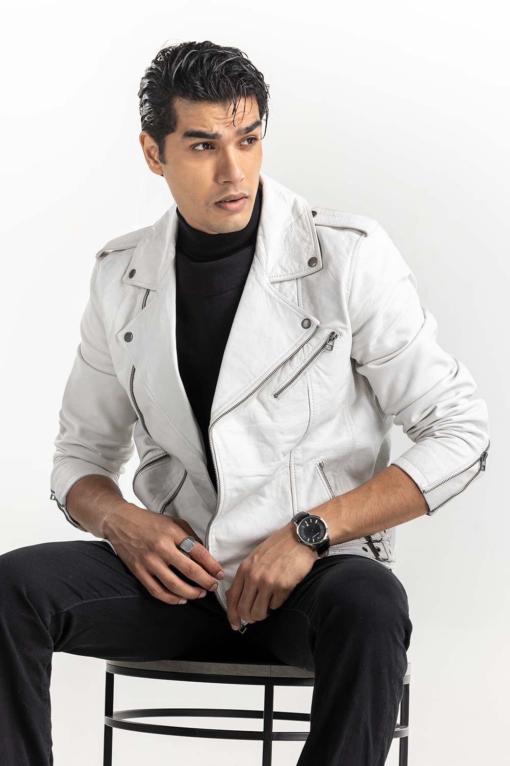 White Leather Biker Jacket JKT-LTH22-037
