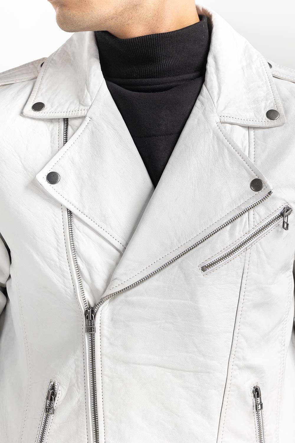 White Leather Biker Jacket JKT-LTH22-037