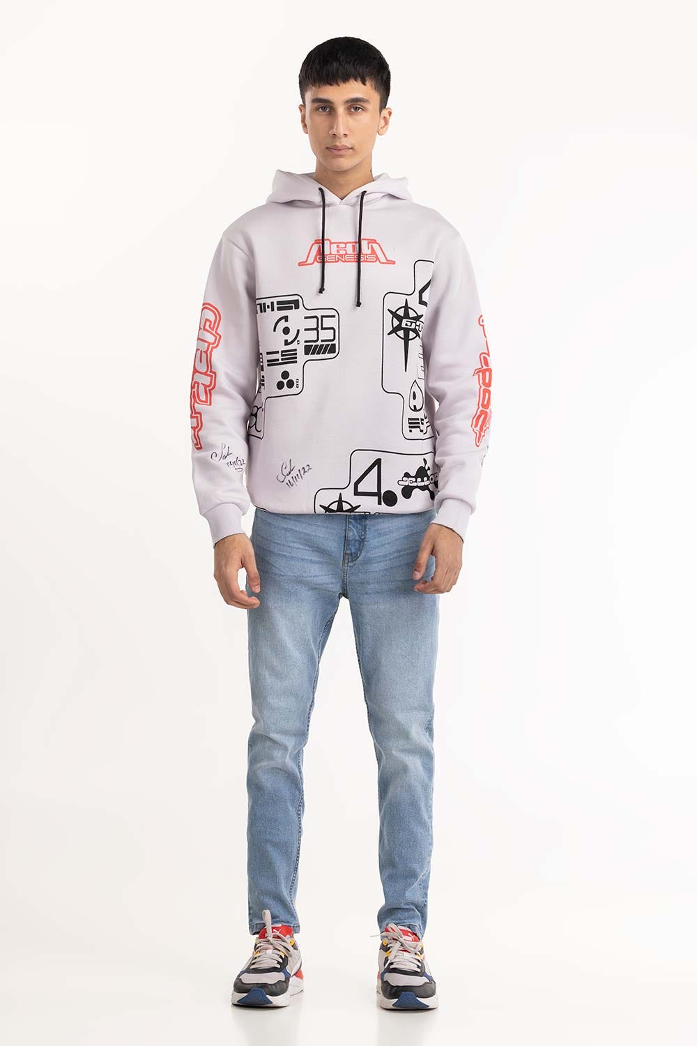 White Printed Hoodie 224-112-032