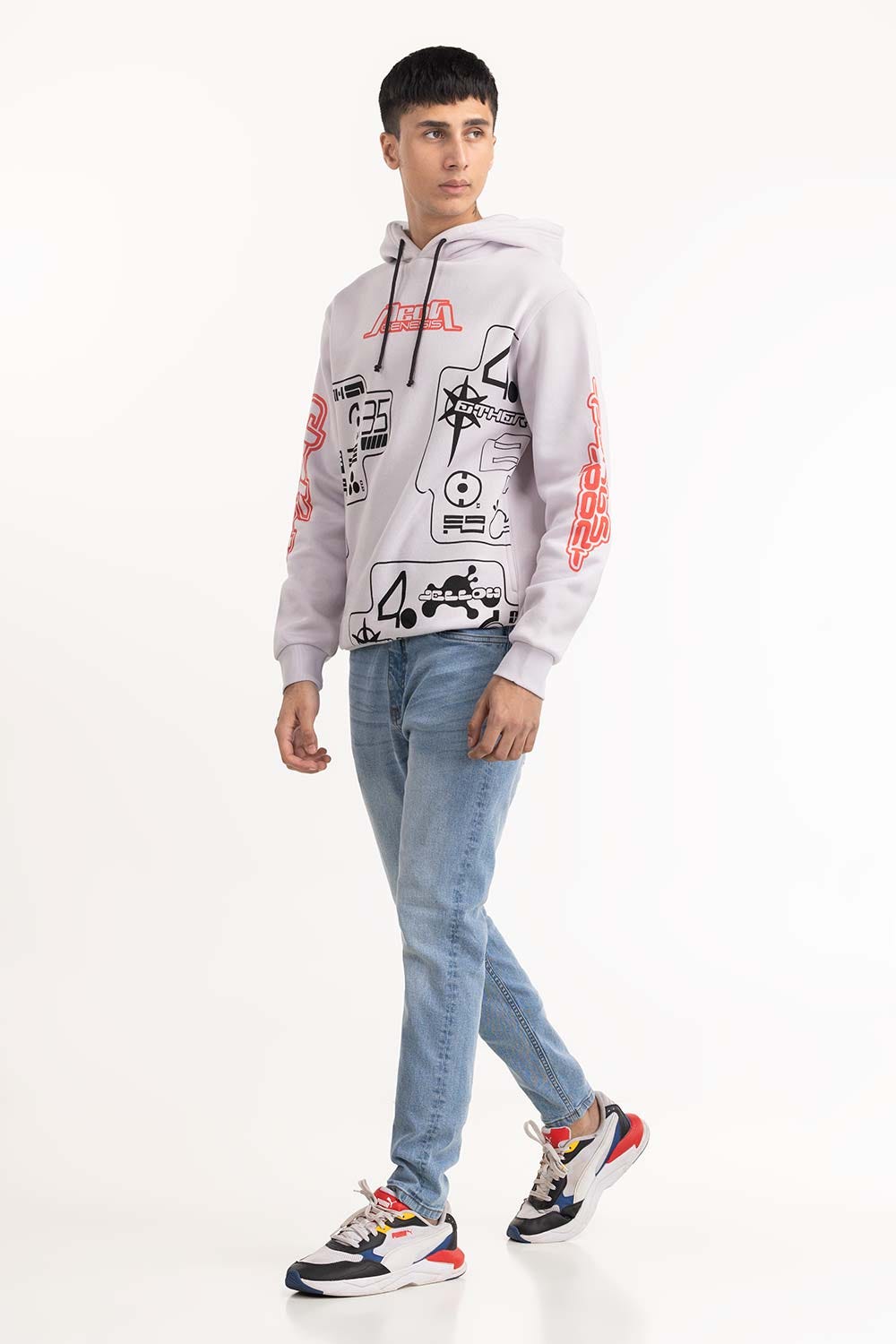 White Printed Hoodie 224-112-032