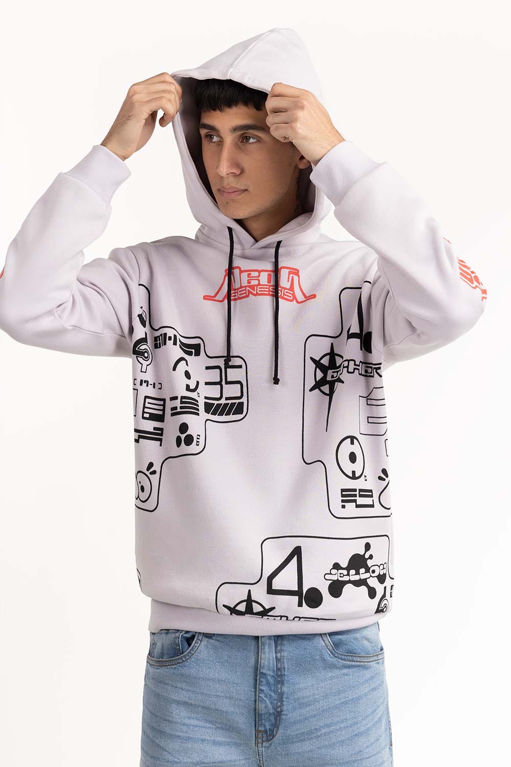 White Printed Hoodie 224-112-032